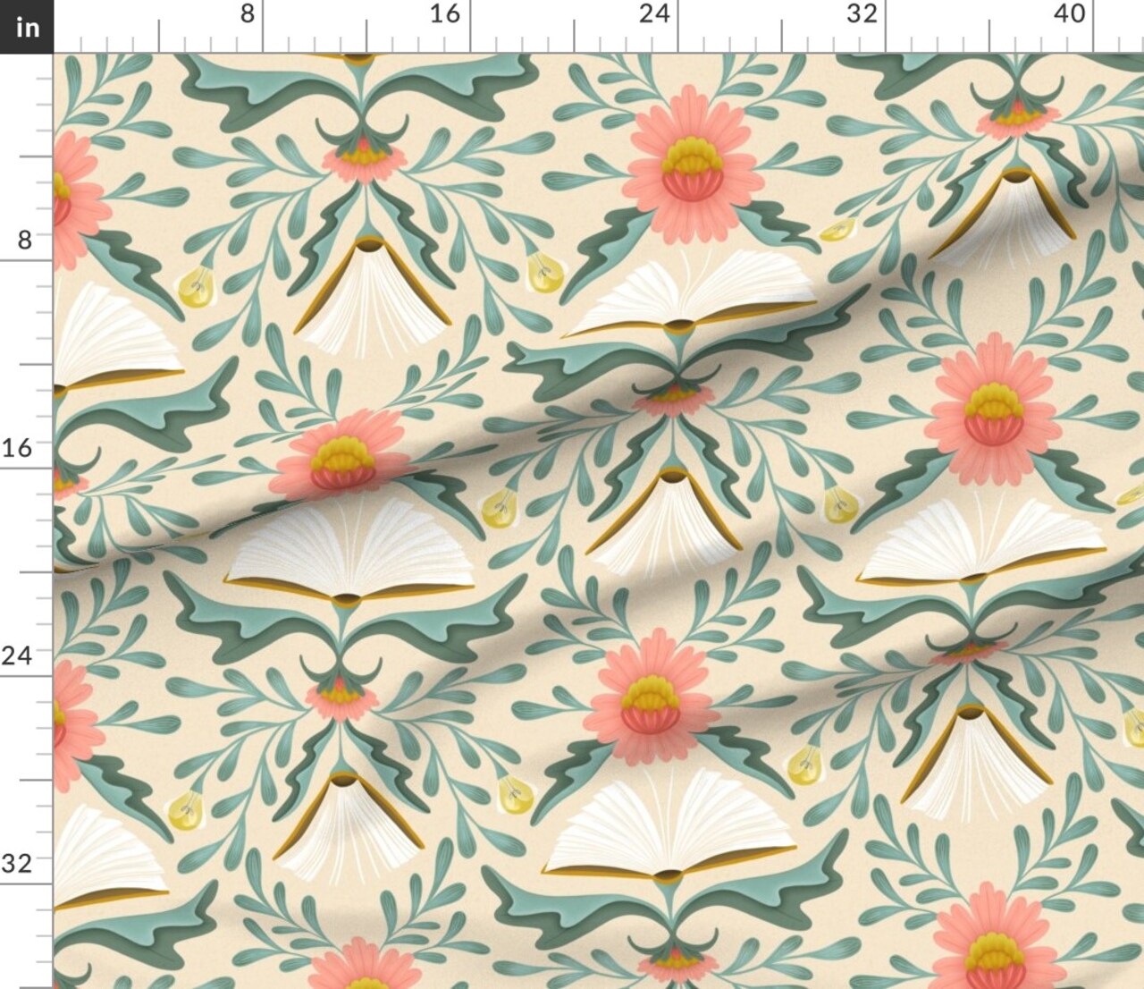 Library Book Pink Coral Damask Reading Hidden Whimsical Custom Printed Fabric by Spoonflower Various Fabrics by the Yard or Fat Quarter